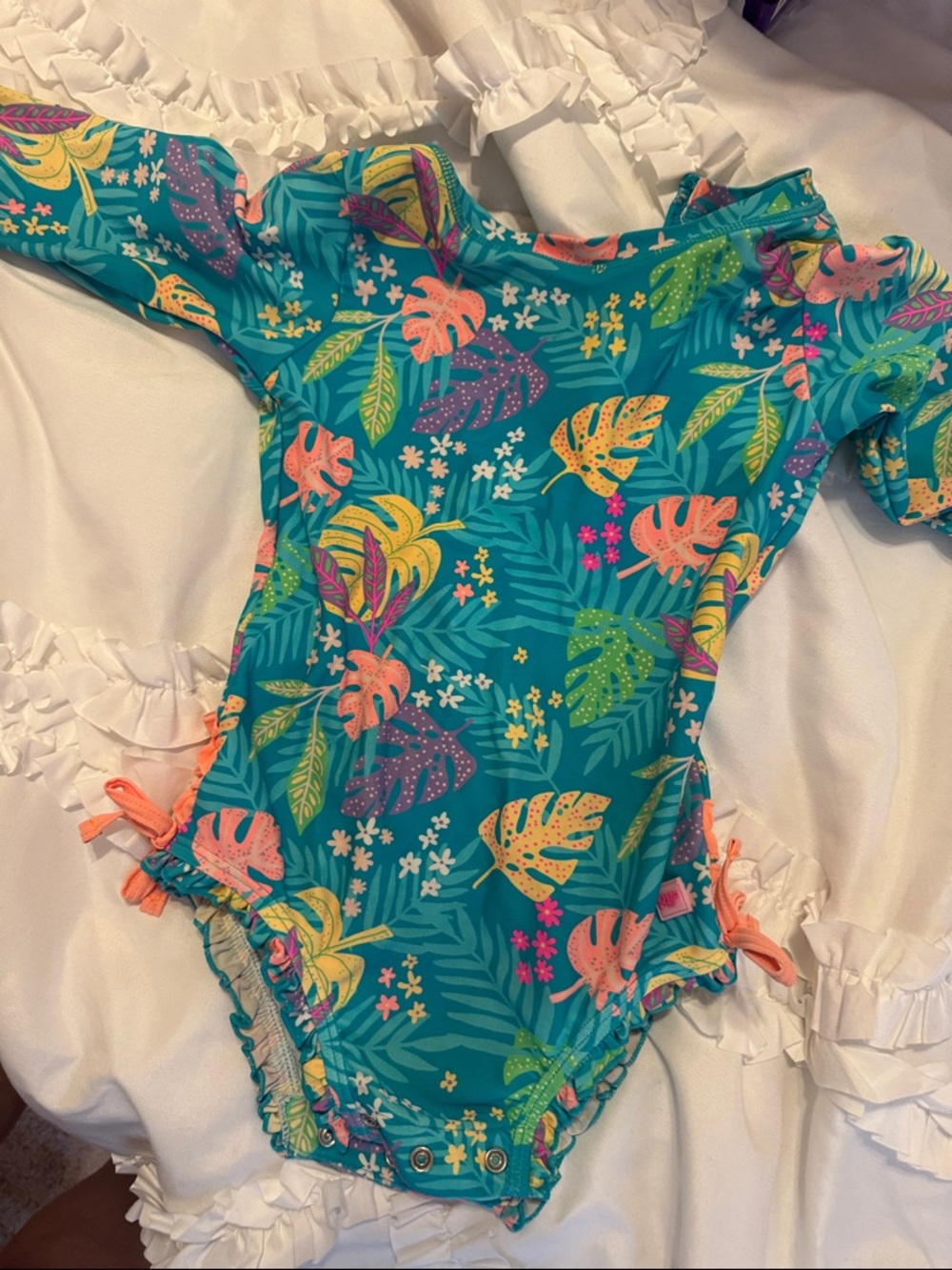 Girls Teal Tropical One-Piece Swimsuit with Bright Leaf Print